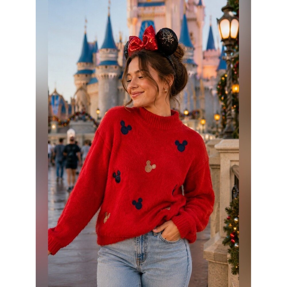 Super Soft Cozy Fuzzy Red Mickey Mouse Patch Long Sleeve Sweater XS FLAWED